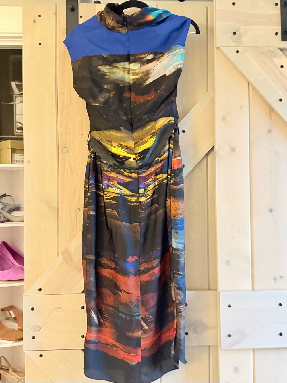 NWOT Ted Baker London Multicolor Abstract Cowl Neck Midi Dress - Picture 4 of 7